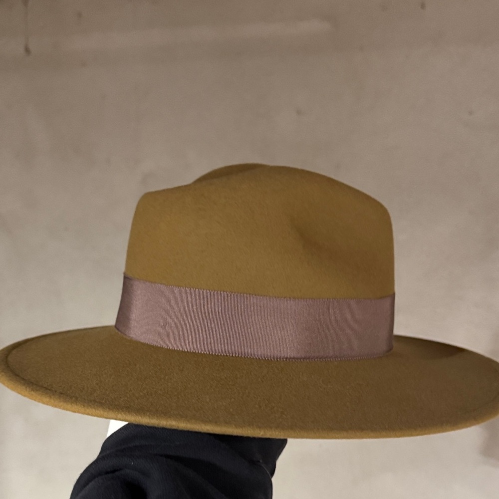Stylish Tan Wide-Brim Hat with Ribbon